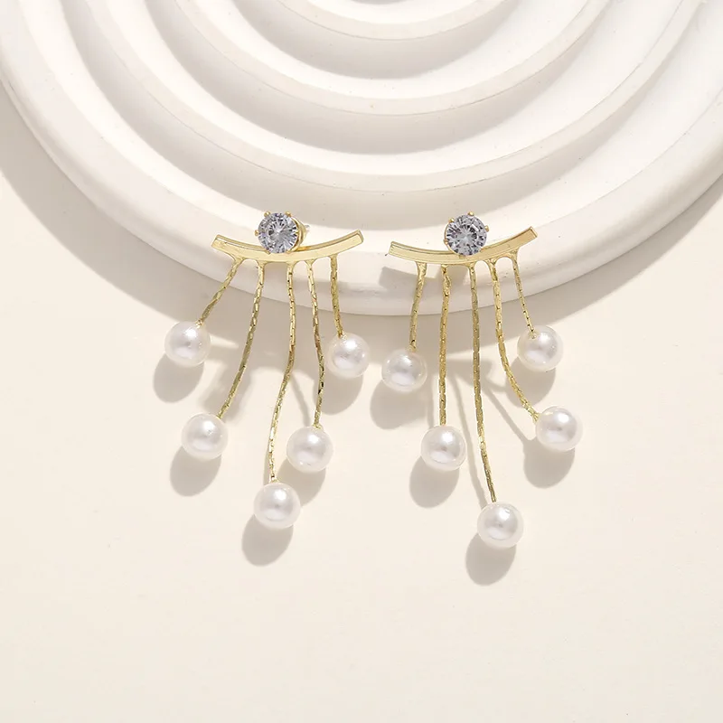 Gold Plated Pearl Dangle Earring Women Party Jewelry Bling Shiny Crystal Rhinestone Stud Long Tassel INS Earrings