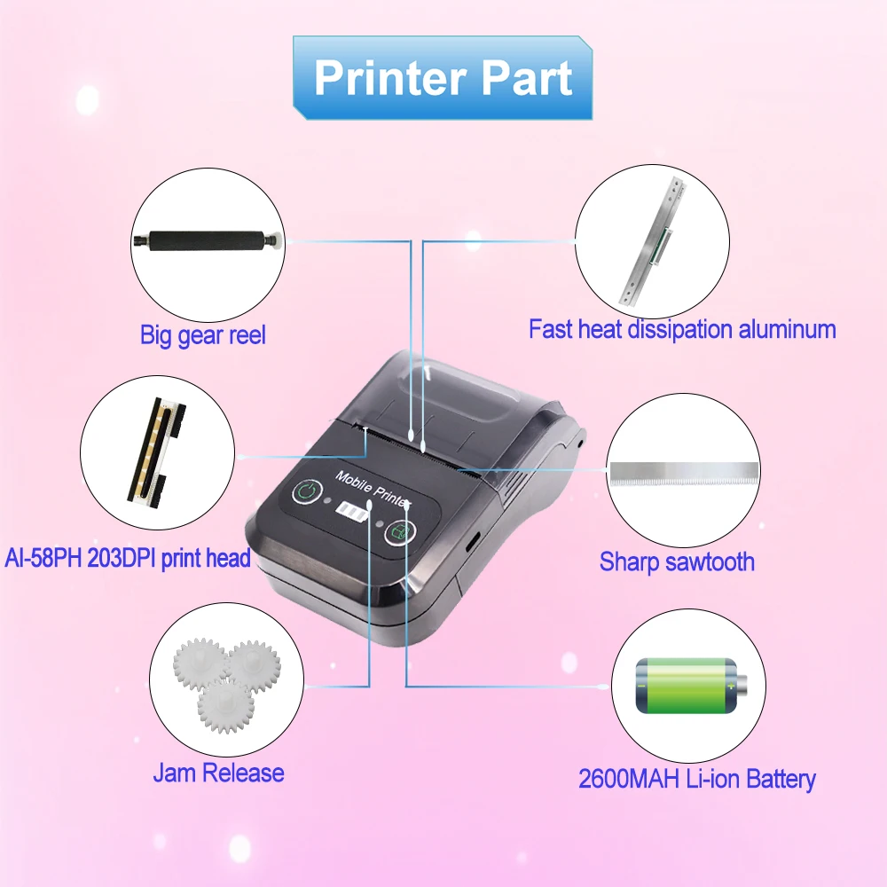 AIXW Android IOS 58mm Bluetooth Receipt Printer Connection with Battery 2 inch Mini Size Thermal Receipt Printer for Taxi Bill