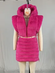 Sexy Two Piece Dress Set Zip Sleeveless Fur Crop Puffer Jacket And Mini Skirts Fall Winter Women Warm Outfits