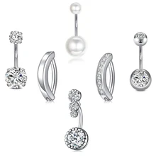 6Pcs/Set Stainless Steel Short Belly Button Ring Sexy Synthetic Pearls Navel Piercing Bar Flower Belly Bar Navel Piercing