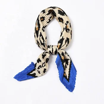 MIO Square Crinkle Silk Like Small Crumple Bandana Neck Wear Pleated Leopard Print Scarf