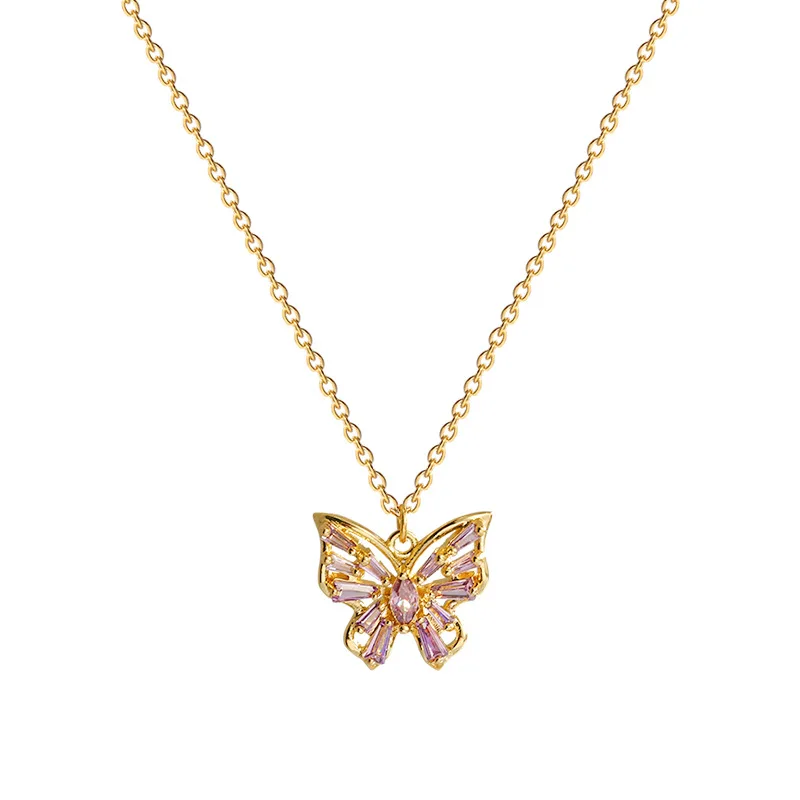 temperament Titanium steel Butterfly necklace Fashion delicate Purple Zircon necklace super flash personality clavicle chain