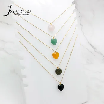 Justop Wholesale Stainless Steel Necklace 18K Gold Plated Heart Natural Stone Pendant Necklace