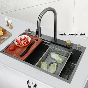 Hot Selling Flying Rainfall Faucet Stainless Steel 304 Tiktok Waterfall Metal Grey Black Kitchen Sink Sets 7545