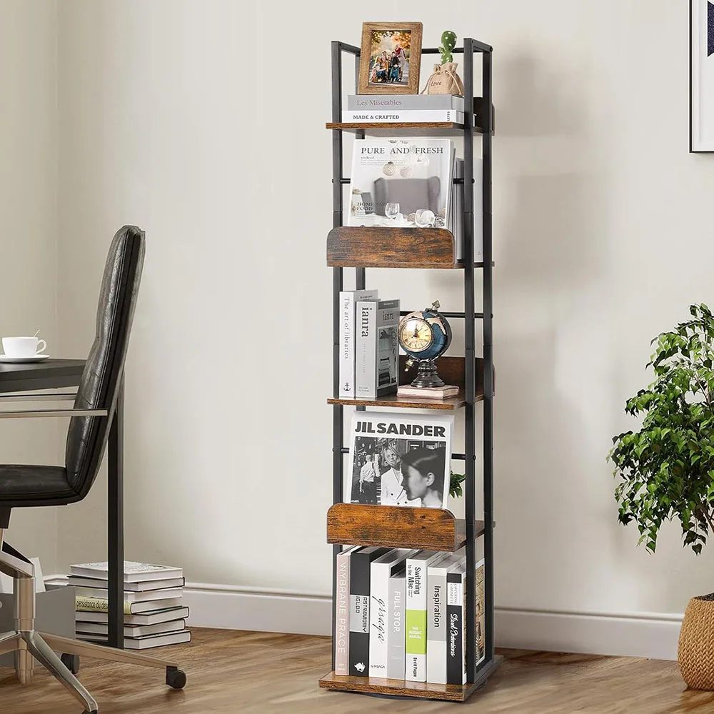 Modern 360 Display Spinning Ladder Shelf 5-Tier Narrow Tall Bookcase Small Corner Living Room Book Shelves manufacture