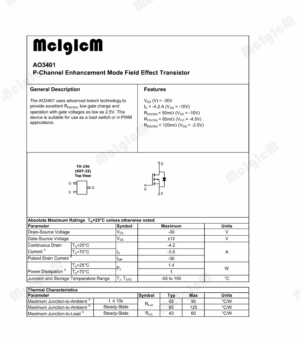 Mcigicm Ao3401a Smd Pchannel 30v 4a (ta) 1.4w (ta) Mosfet Transistor