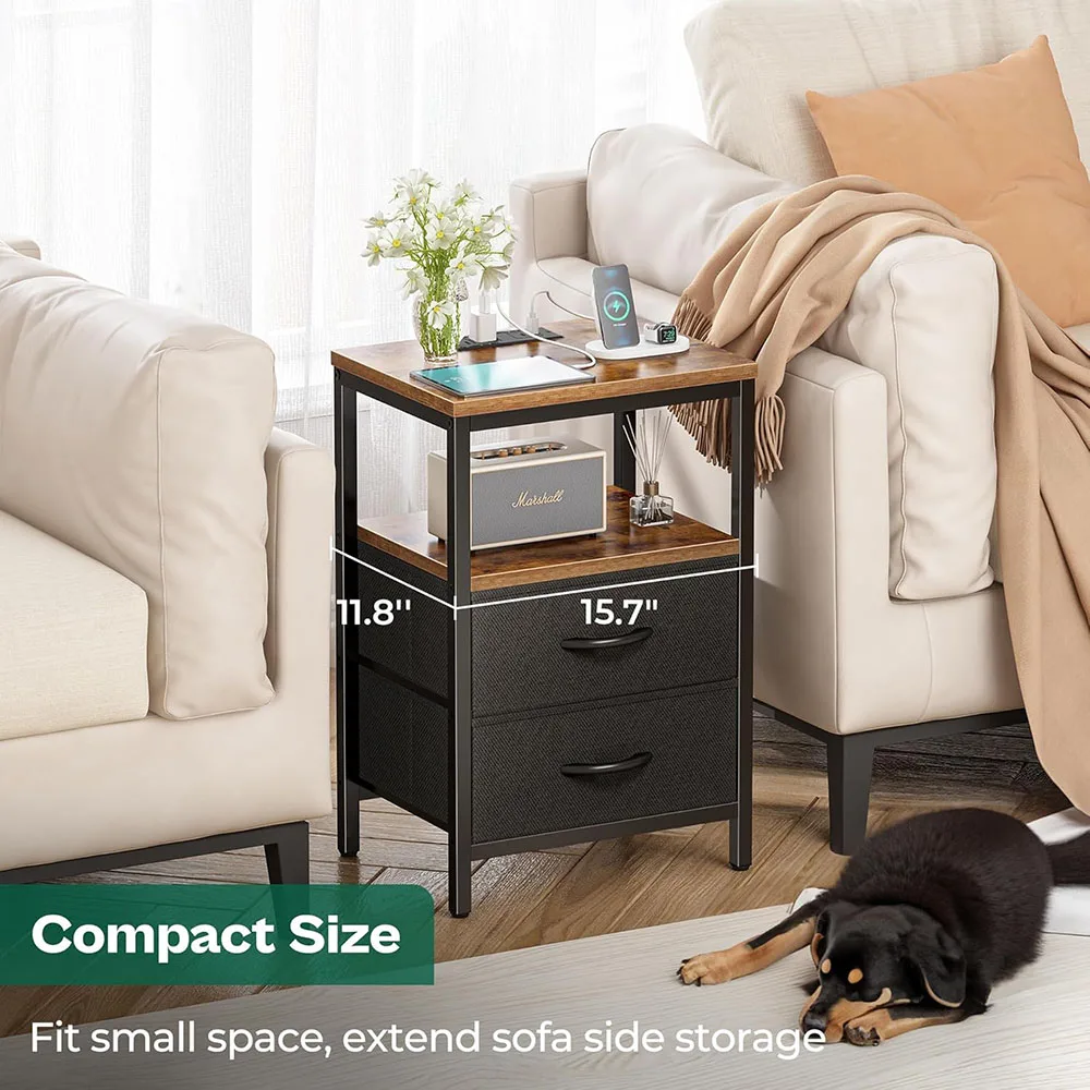 Modern Home Nightstand with Smart Charging Station Fabric Drawers Open Shelf USB Ports Outlets Wooden Panel Bedside Table details