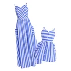 Mother Mommy And Me Family Outfits Mother And Daughter V-neck Striped Matching Maxi Dress In Blue