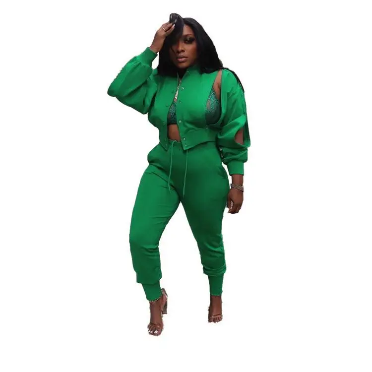 Casual Sports Two-piece Sweater Suit Cardigan Crop Top Sweatshirts With Sweat Pants Women