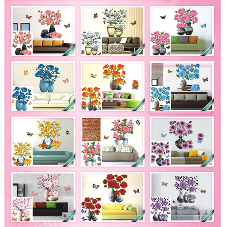 3D Adhesive Flowers Simulation Rose Flower Sticker 6 3D Simulation Vase Bedroom Room Wall Gilding Decorative Wall Stickers Simulation Vase Wall Sticker Waterproof Self-Adhesive