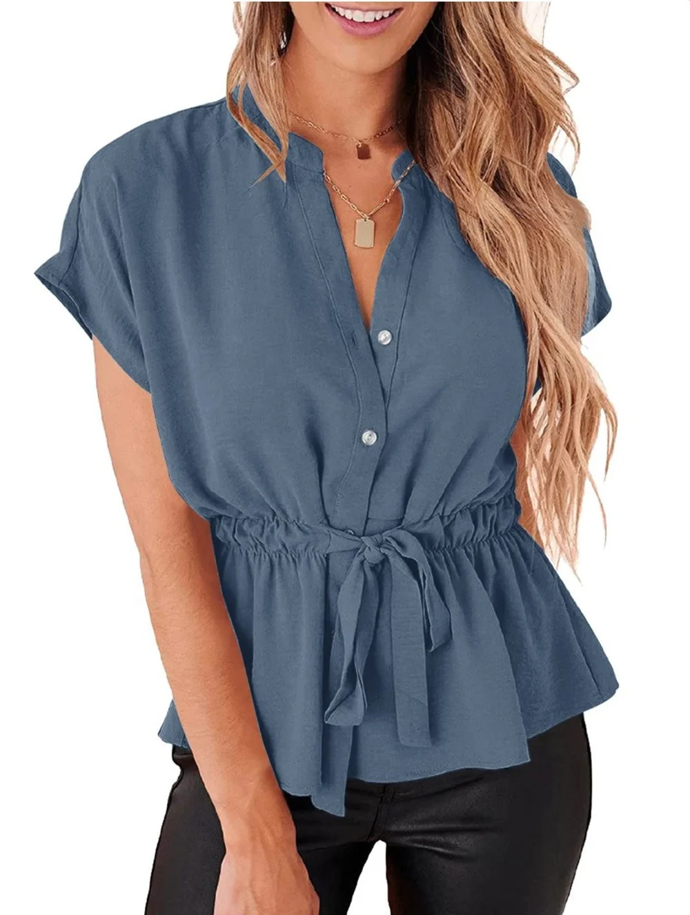 Karlywindow Women Short Sleeve Shirt Button Down Blouse V Neck Collarless Casual Summer Beach Shirts