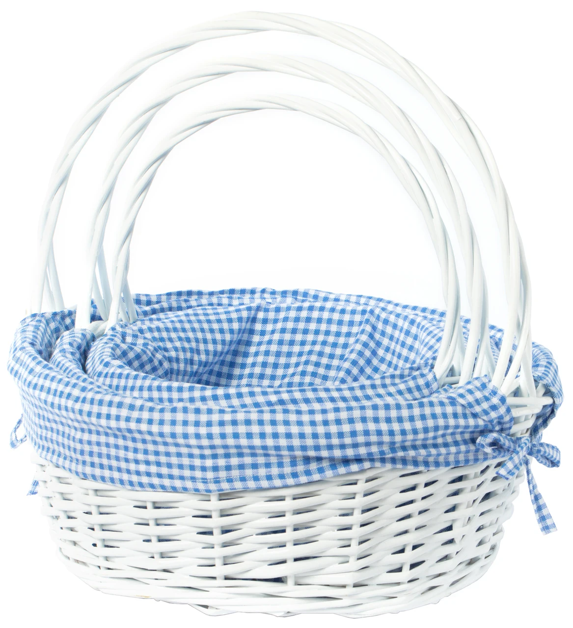 white round willow gift basket set,with gingham liner and handle