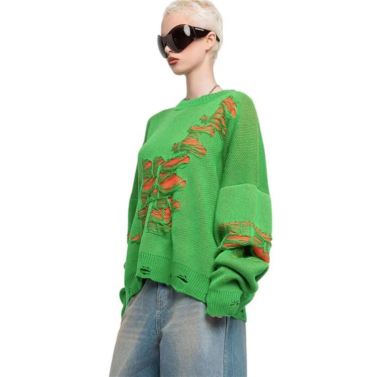 Ripped Sweater Women Vintage Knitted Female Jumper Y2k Knitwear Streetwear Pullover