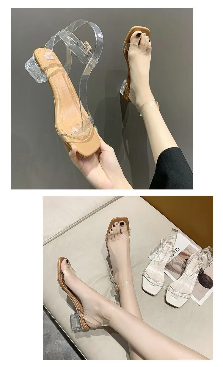 Summer new transparent word buckle crystal heel stiletto sandals women's high-heeled open-toe Roman women's sandals