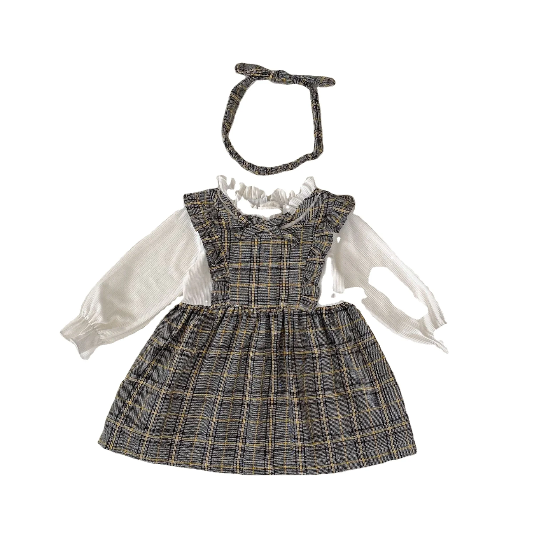 Engepapa Autumn 0-3 Year Old Girls' Checkered Panel Skirt Long Sleeve Children's Dress Baby Clothes