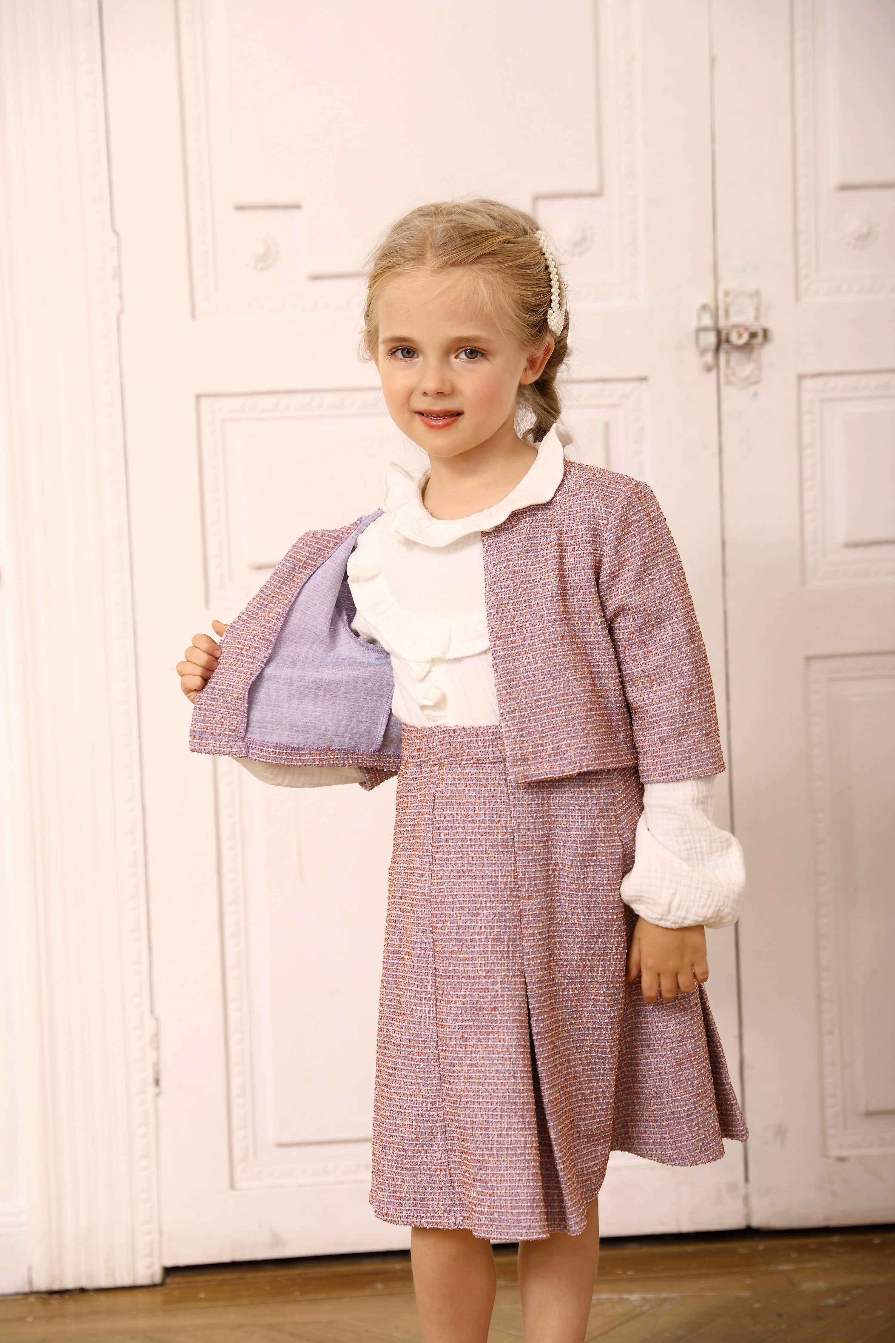 Winter girls clothes set toddler tweed long sleeves top and pleat skirt two pieces girls outfit