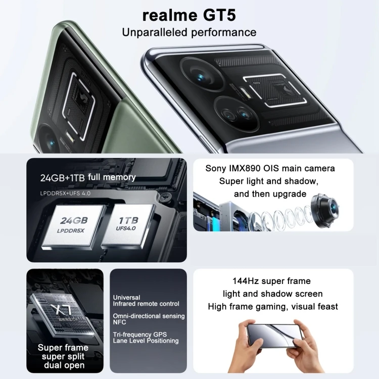 Unlocked Network New Realme GT5 GT 5 Cell Phone Snapdragon 8 Gen2 6.74''  144Hz 5000Mah 150W 240W Flash Charge Customized ROM