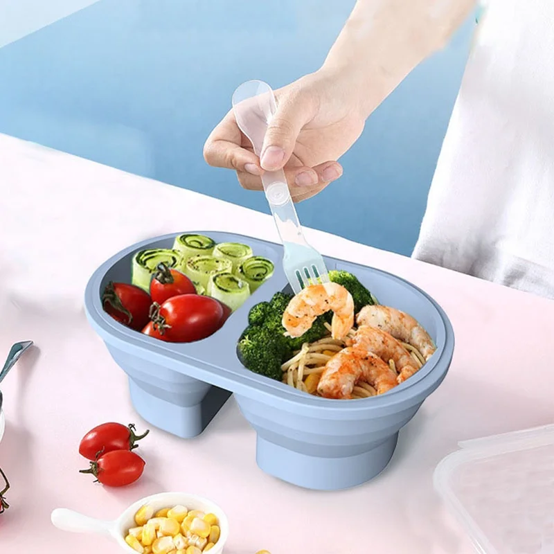2023 New 2 Compartment Silicone Bento Box Container Durable BPA Free Reusable Keeping Dishes Bento Collapsible Lunch Box