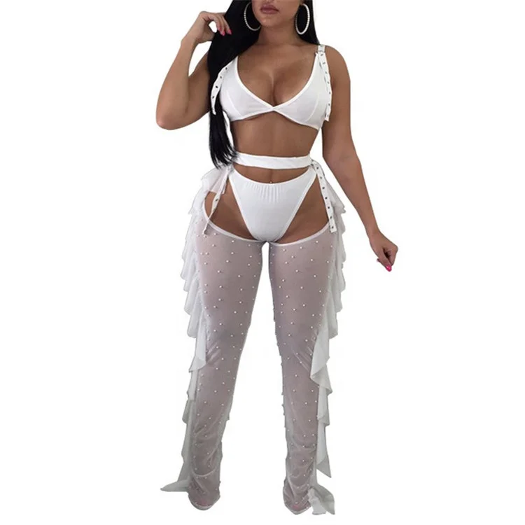 See Through Mesh Set Sexy Club Party 3 Piece Outfit for Women Bra Tops and Ruffles Pearl Beading Pants Set