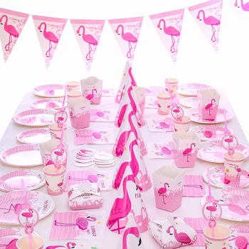 Pink Flamingo Theme Girls' Birthday Party Decoration Balloon Cups Plate Napkin Dinnerware Set Girl Happy Birthday Party Supplier