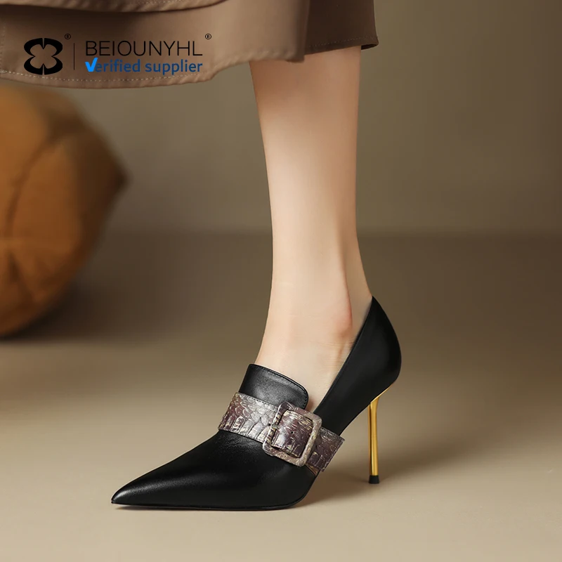 Spring Summer Women gilded Pumps High Heels Rhinestones Strap Pointed Toe Shoes Woman Shallow genuine leather Ladies Shoes