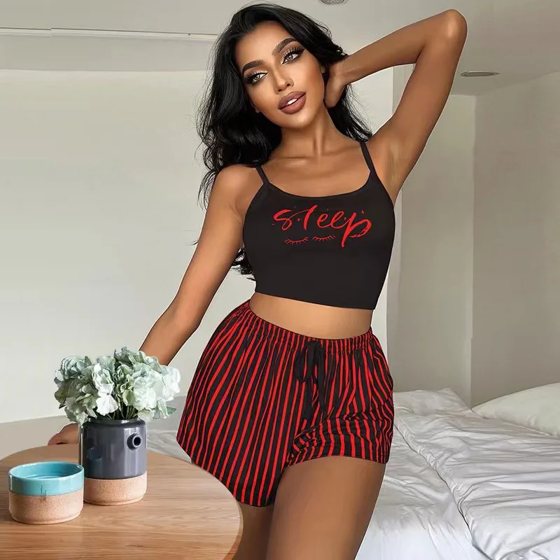New suspender pajamas women's drawstring shorts suit letter stripe printed ladies' home clothes can be worn outside