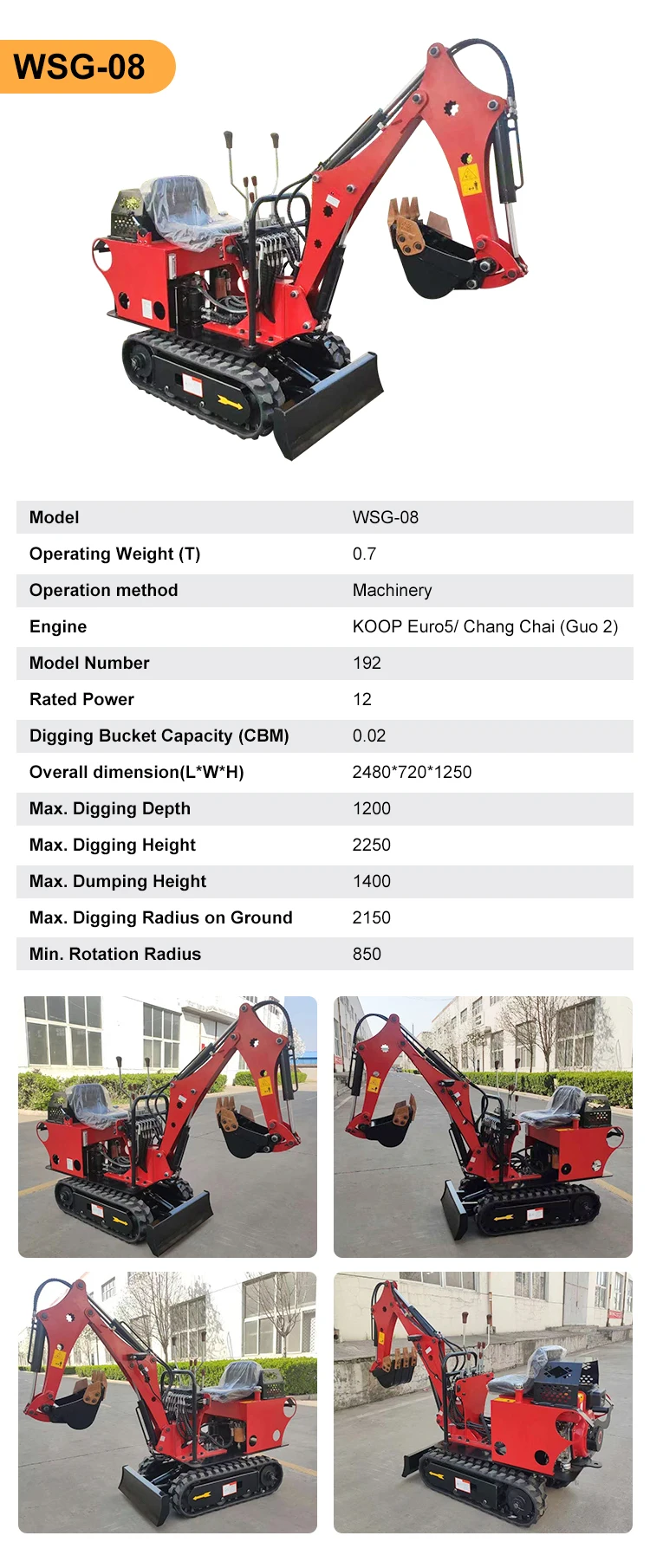 wsg CE EPA China mini Hydraulic excavators small mini excavator 1ton 2 ton cheap price for agricultural excavator