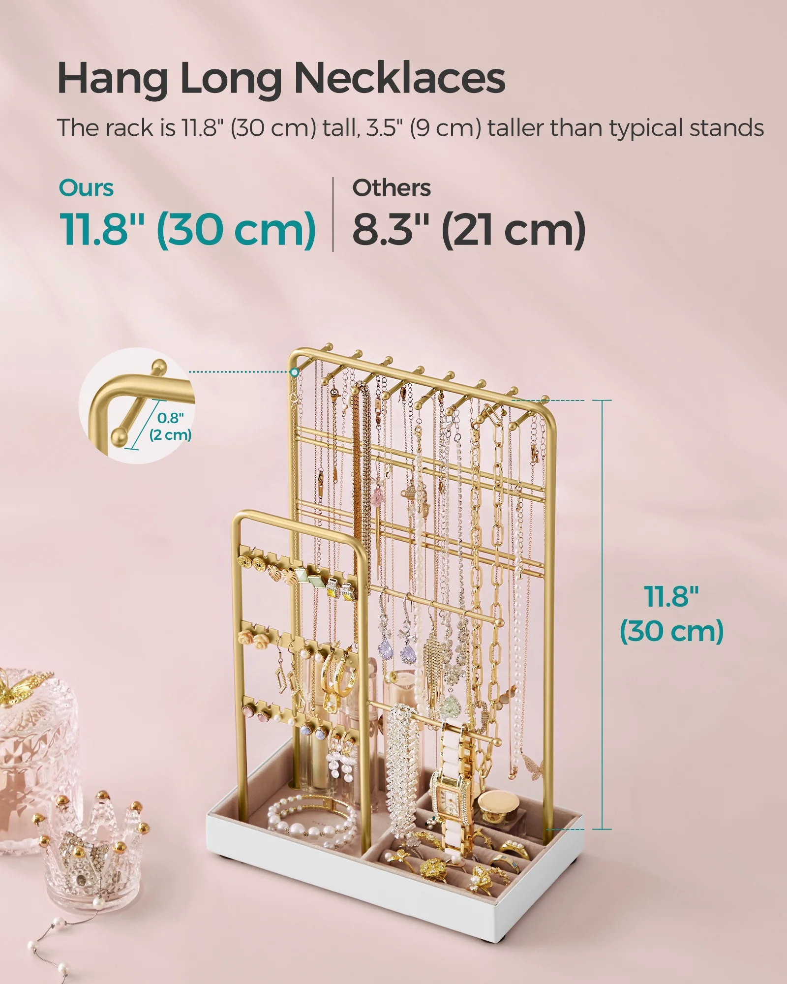 SONGMICS Jewelry Organiser Earring Bracelet Holder Necklace Stand for Studs Rings Jewelry Display Stand with Metal Frame and Vel
