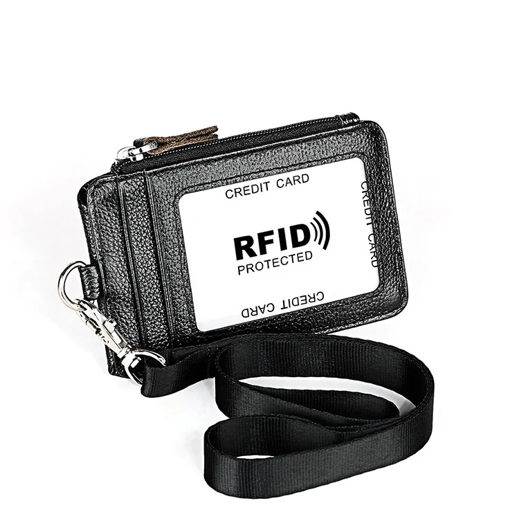 Id Card Leather Wallet Neck Lanyard Strap RFID Blocking Badge Holder w Zipper 