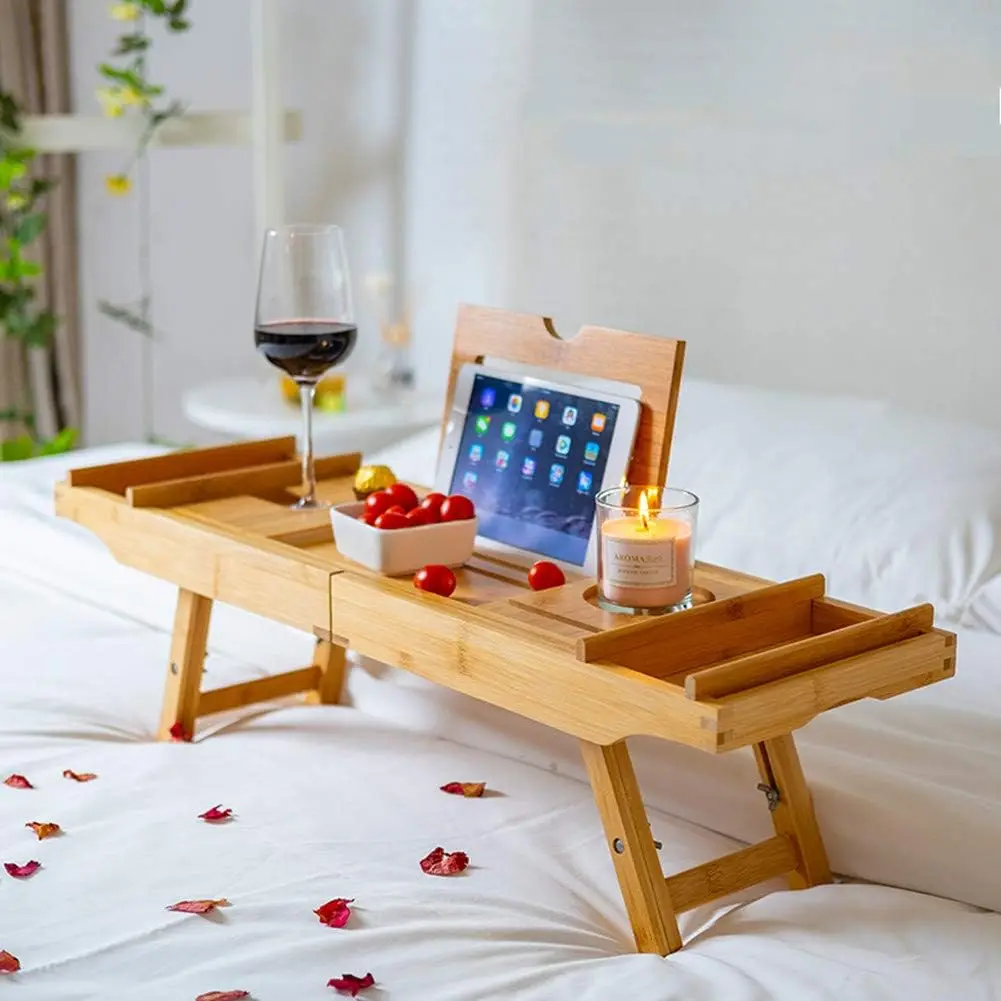 product expandable bathtub caddy tray with folding legs bath shelf for tub wine glass phone holder luxury spa bathroom organizer-2