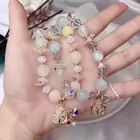 Gold Jade Colored Natural Stone Crystal Beaded Bracelet Gold Plated Adjustable Jade Flower Pendant Bracelet