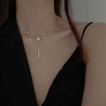 Silver Plated 925 Sterling Silver Double Layered Choker Necklace for Women Girl Shiny Long Pendant Jewelry Gift
