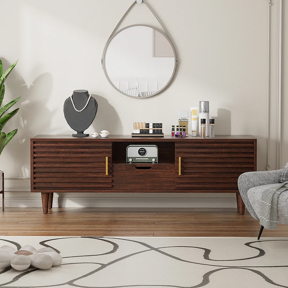 Home Mid-Century Modern Brown TV Stand Wood TV Console Drawer Sliding Door for Dining Living Room Media Entertainment Center details