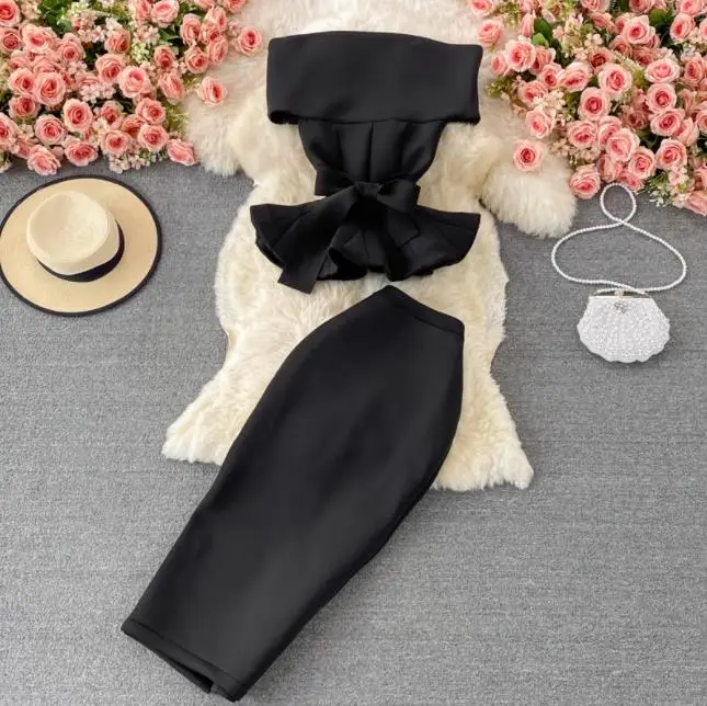Elegant Fitted Off-Shoulder Long Sleeve Top and Skirt Set