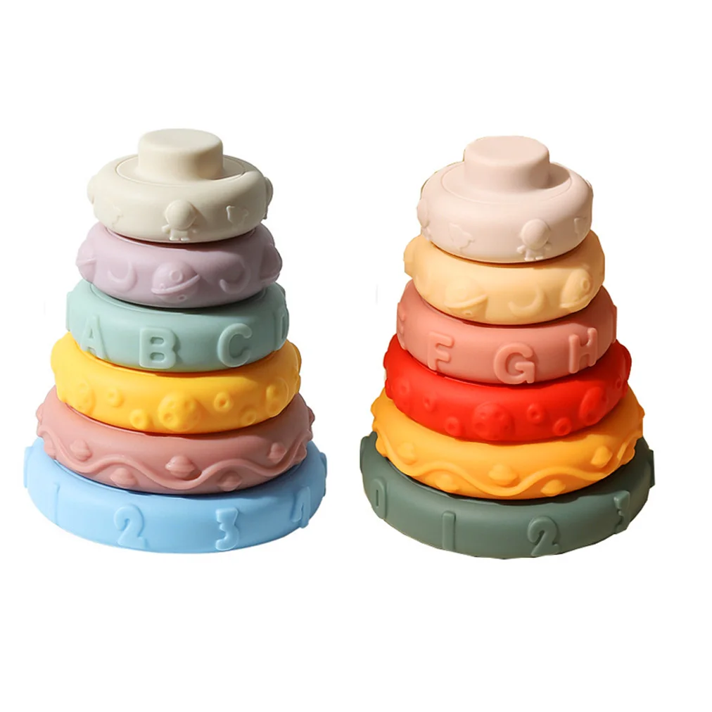 Baby Toys Soft Rainbow Circle Stackable Children's Plastic Toys Building Stacker Teethers for Baby with Letter Animal Graphic