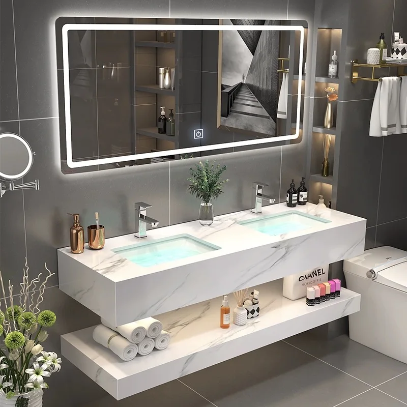 Tarpul Marble Double Washbasin Sink With Mirror Artificial Stone Cabinet Basin Wall Hung Bathroom Vanity Slab Basin factory