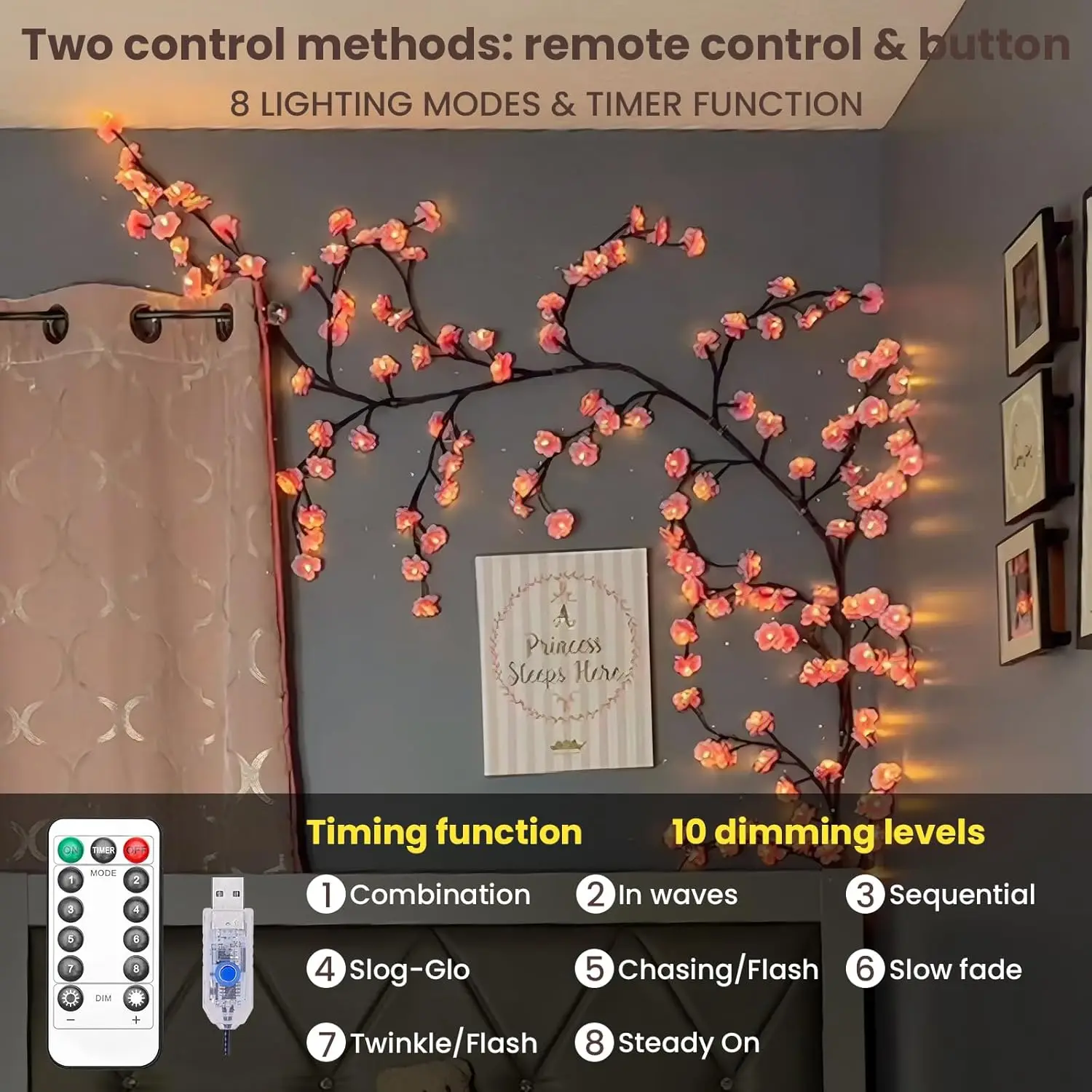 Tsinye Cherry LED Tree Branch Lights for Wall Cherry Blossom Willow Vine Twig Decor Garland Christmas Decorations for Home Wall
