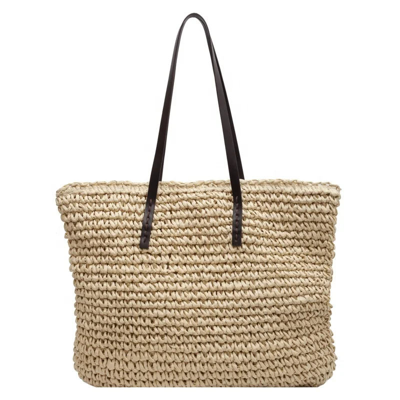 Large Capacity Women's Shoulder Shopping Bag Beach Straw Handbag Woven Knitted Crochet Tote Polyester