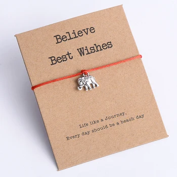 Vintage Elephant Bracelet Believe Best Wishes Kraft Paper Card Gift Red String Charm Bracelets Women Men Kids Jewelry