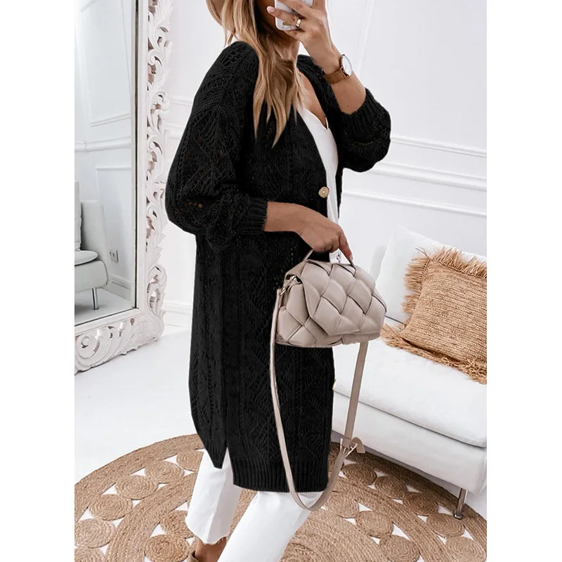 Dear-Lover Oem Odm Private Label Long Cardigan Woman Hollow-Out Openwork Sweater Knit Cardigan