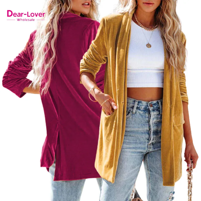 Dear-Lover Womens Clothing Party Casual Ladies Solid Color Long Coat Jacket Women Velvet Blazer