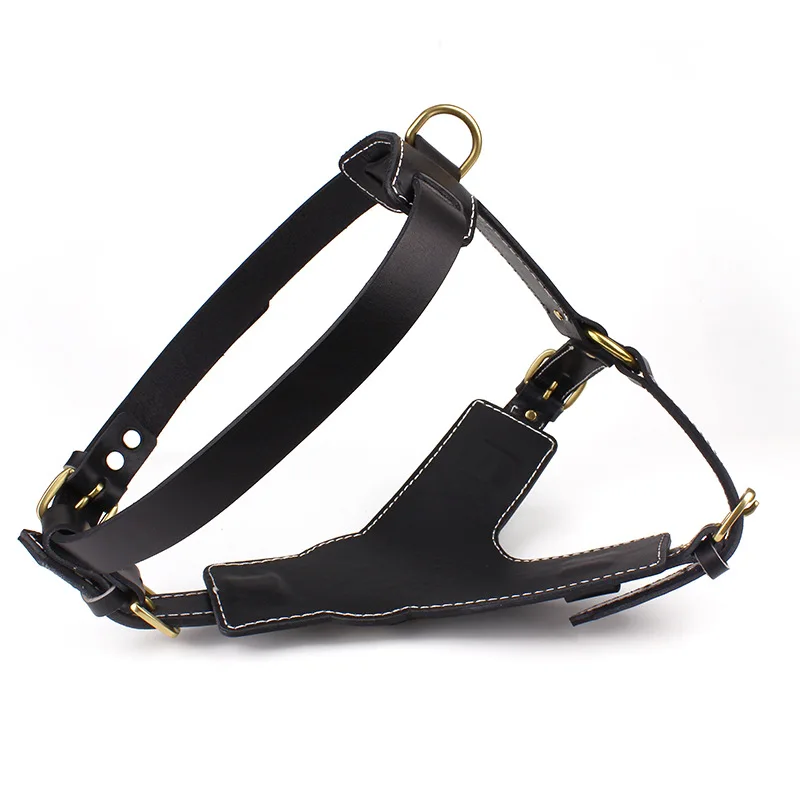 Adjustable Black Cowhide Pet Harness Leather Durable Dog Leash Collar For Large Dogs