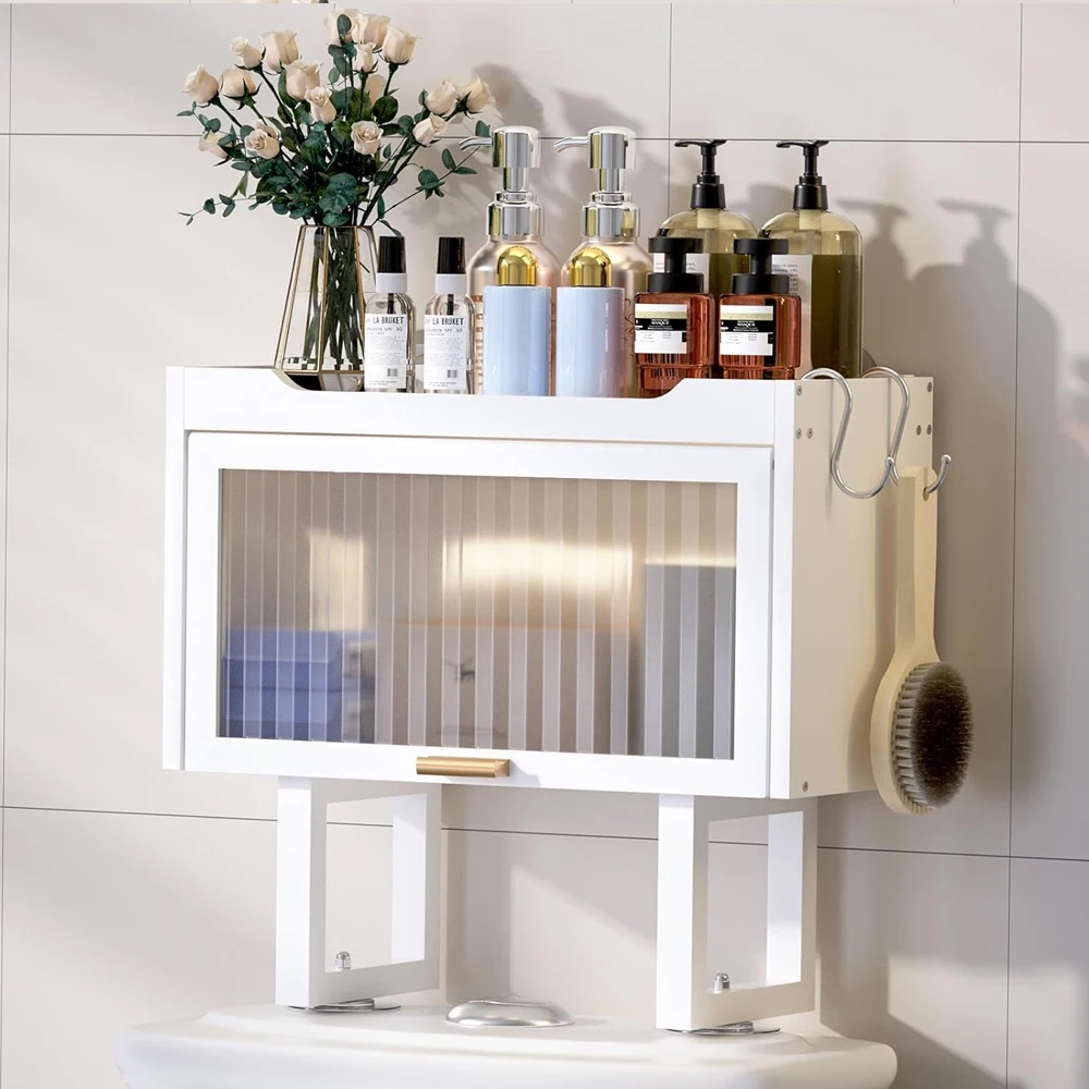 product bamboo wall mounted toilet storage cabinet space saving bathroom storage rack with lid and 2 hooks no drilling design-15