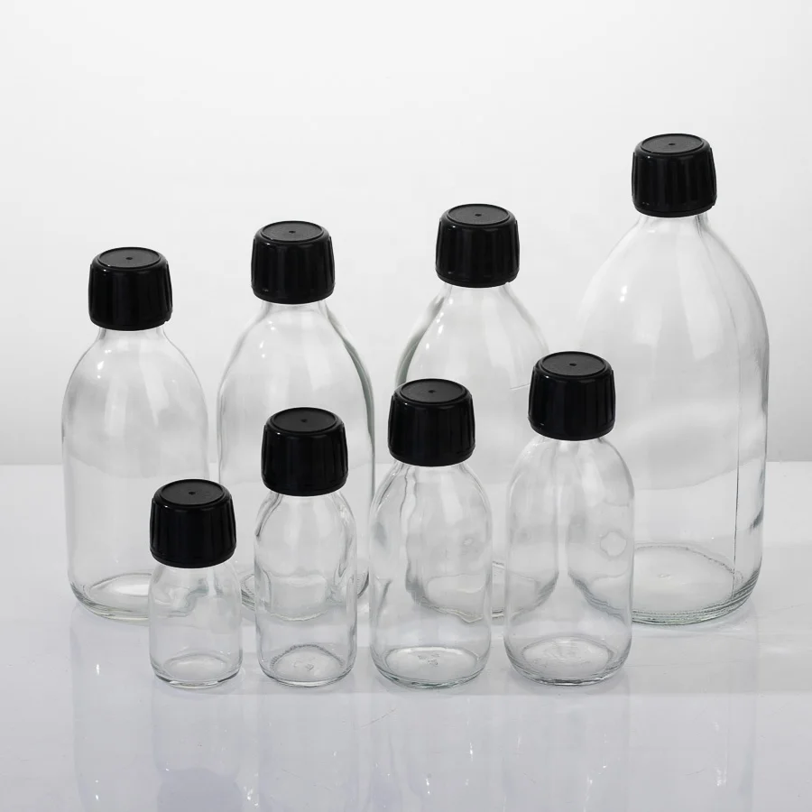 DIN 28 Cough Syrup Bottle 30ml 60ml 100ml 125ml 150ml 200ml 250ml 300ml 500ml Clear Coffee Glass Bottles with crc caps