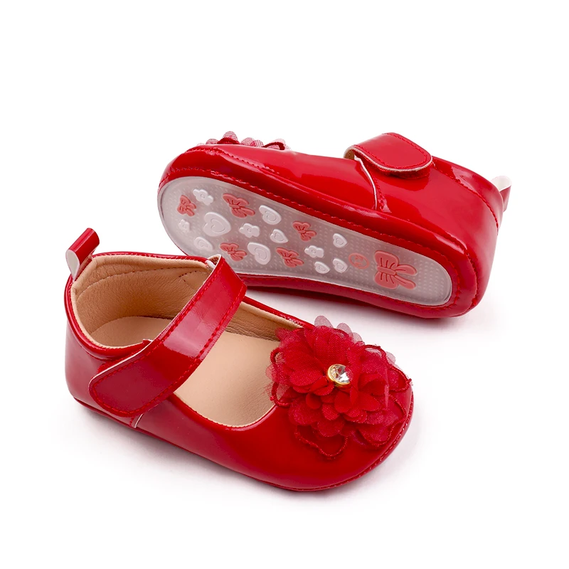 Spring and Autumn Pure Color PU Leather Veil Rhindiamonds Flower Princess Walking Shoes for Baby Girls details