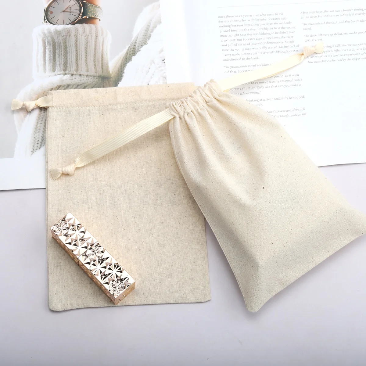 Wholesale Cotton Drawstring Cosmetic Gift Shopping Bag Organic Muslin Christmas Sock Packing Dust Pouch