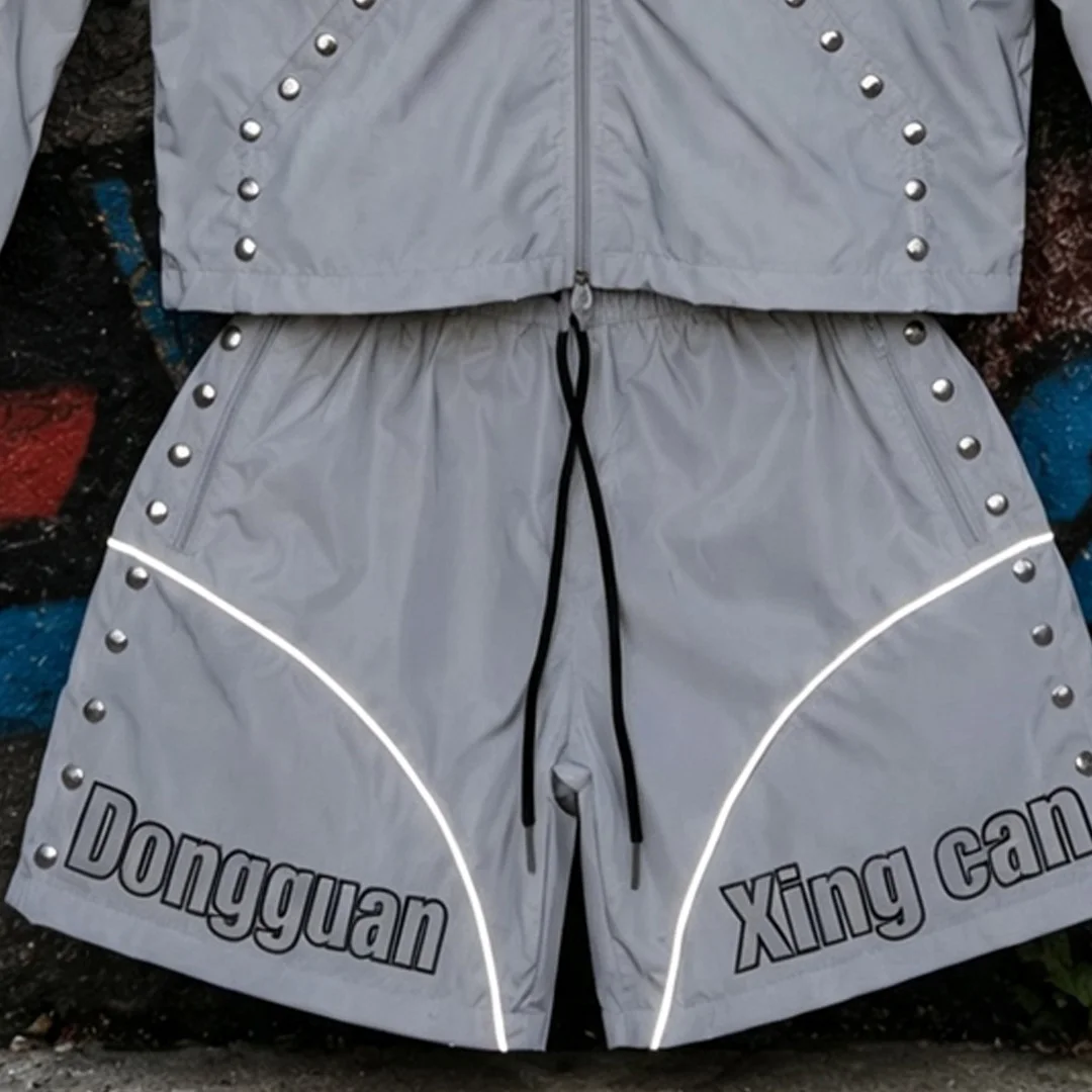 product custom streetwear nylon rivet tracksuit men full zip hooded windproof jacket screen printing matching shorts two piece set xxl-3