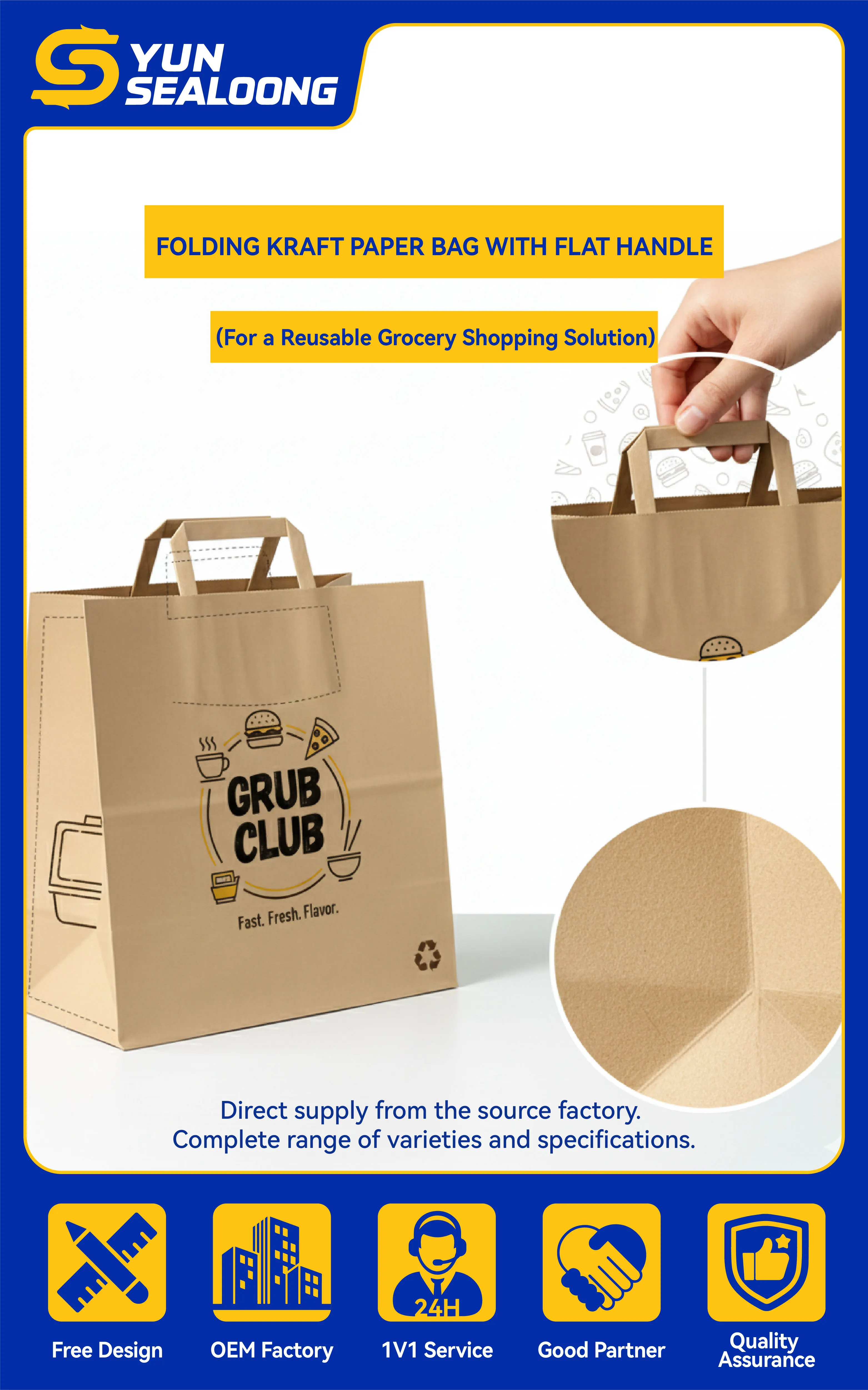 Customized Folding Kraft Paper Bag with Flat Handle for a Reusable Grocery Shopping Solution