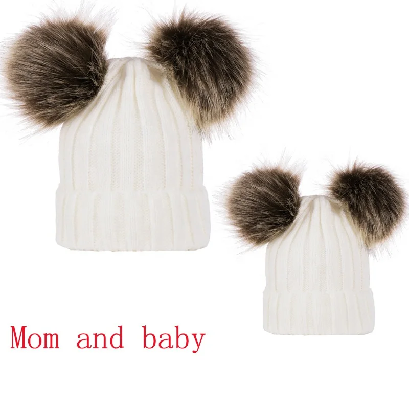 Children Kids Baby Warm Winter Wool Knit Beanie Fur Double PomPom Bobble Hat Cap 