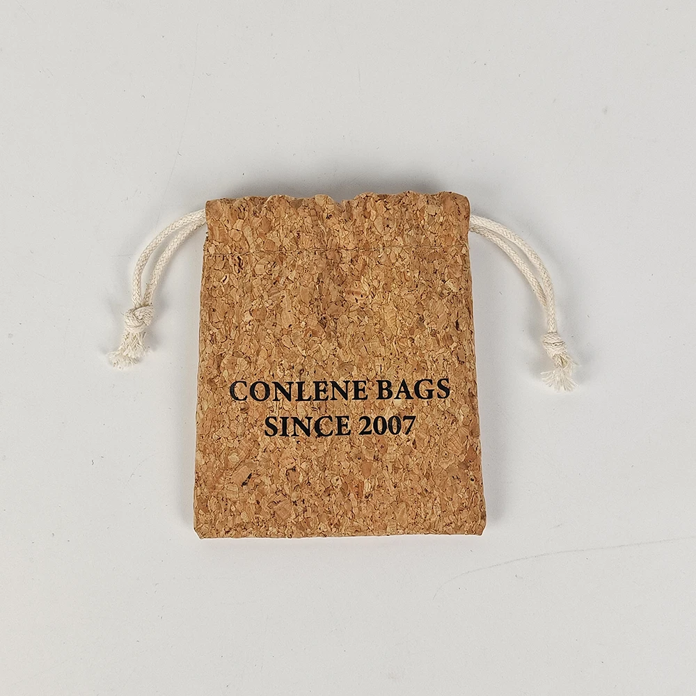 Small Custom Logo Cork Drawstring Gift Bag Promotional Purses and Wallets with Letter Pattern details